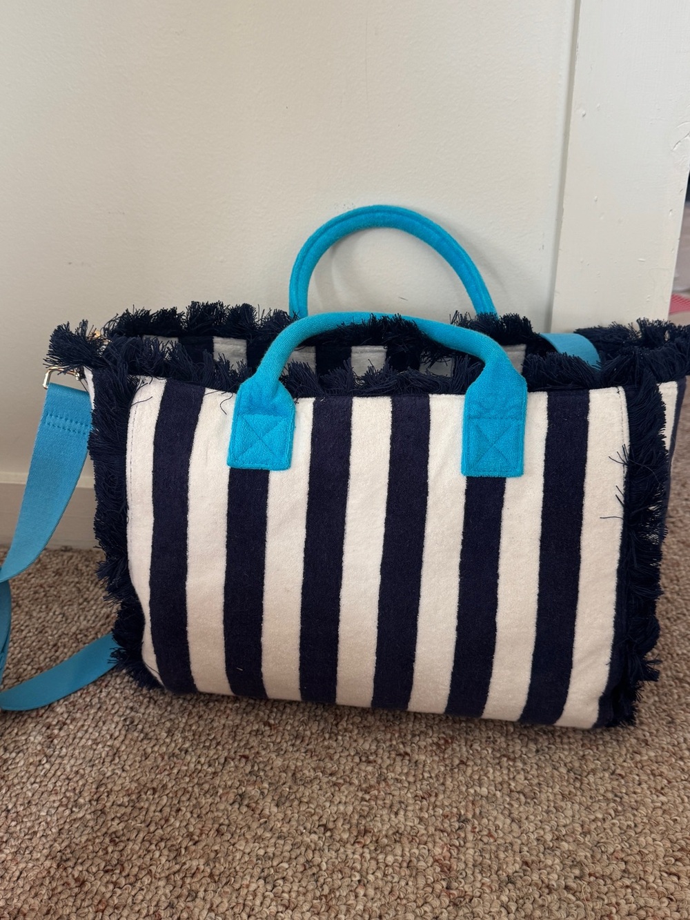 Striped Navy & White Tote with Turquoise Handles